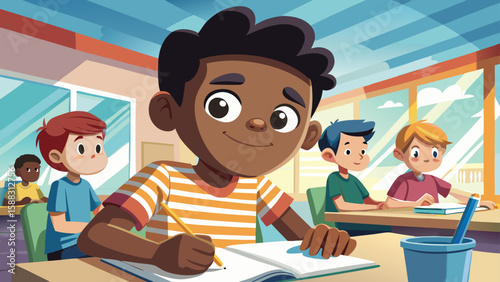 Happy diverse students learning and writing in a bright classroom setting