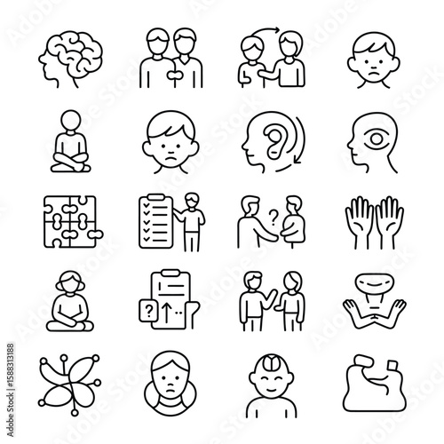 Collection of twentyfour linear style black and white icons depicting various aspects of psychology mental health therapy and communication including brain human figures puzzle