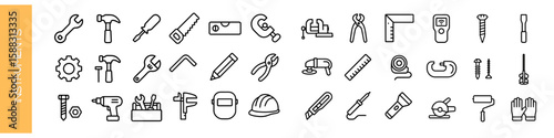 Vector icon set of various tools and instruments, isolated  