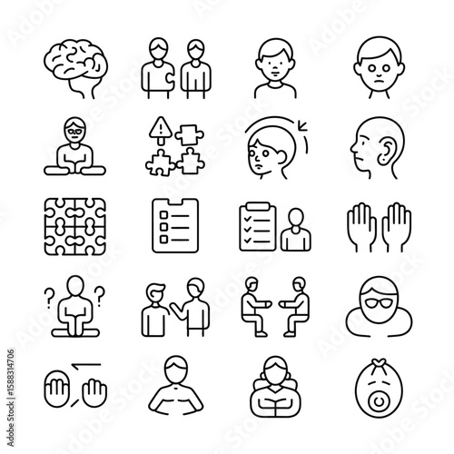 Collection of Twenty Black Line Icons Depicting Diverse Aspects of Autism Spectrum Disorder Including Brain Symbol Puzzle Pieces Checklist Communication Therapy and Sensory Issues