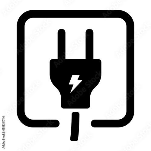 Black and white icon of a power plug with lightning symbol inside a square frame, without background