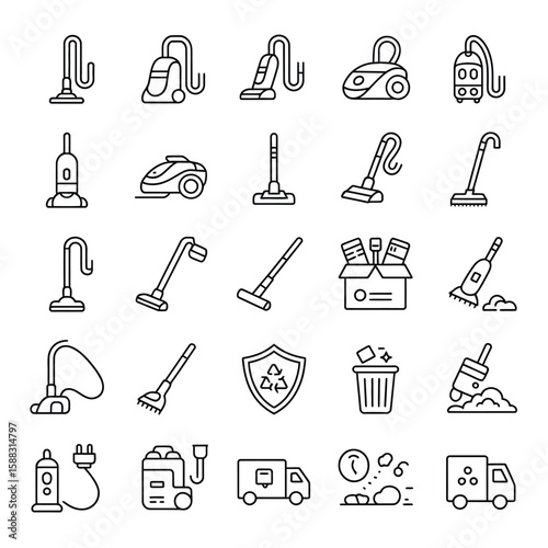 Collection of Line Art Icons Depicting Various Cleaning Tools and Waste Management Concepts Including Vacuum Cleaners Brooms Dustpans Recycling Symbols and Garbage Trucks