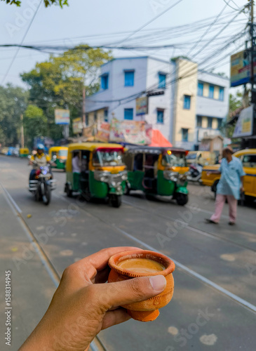 Tea in Kolkata A Street-Side Experience. Indian chai in Clay Tea Cup. Kolkata Popular Drinks Tea Street Food in clay pot. Enjoying the morning tea in Kolkata, India. 