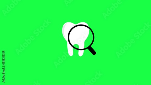 Animation of a dental examination with a magnifying glass. A clean white tooth icon. Dental clinic. Green background. Repeating motion.