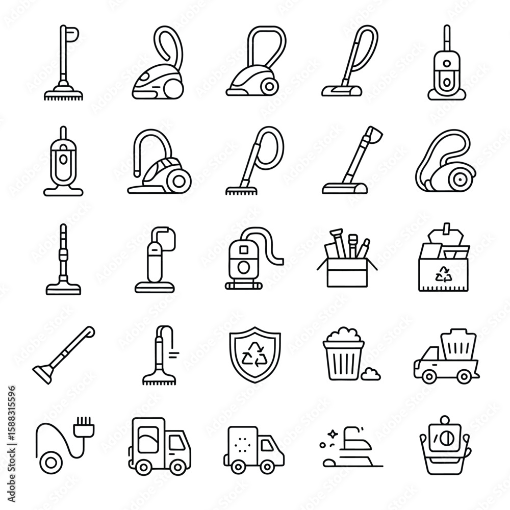 Fototapeta premium Collection of Thirty Black Line Art Cleaning Icons Depicting Vacuum Cleaners Brooms Dustpans Recycling Bins Garbage Trucks and Cleaning Supplies on White Background
