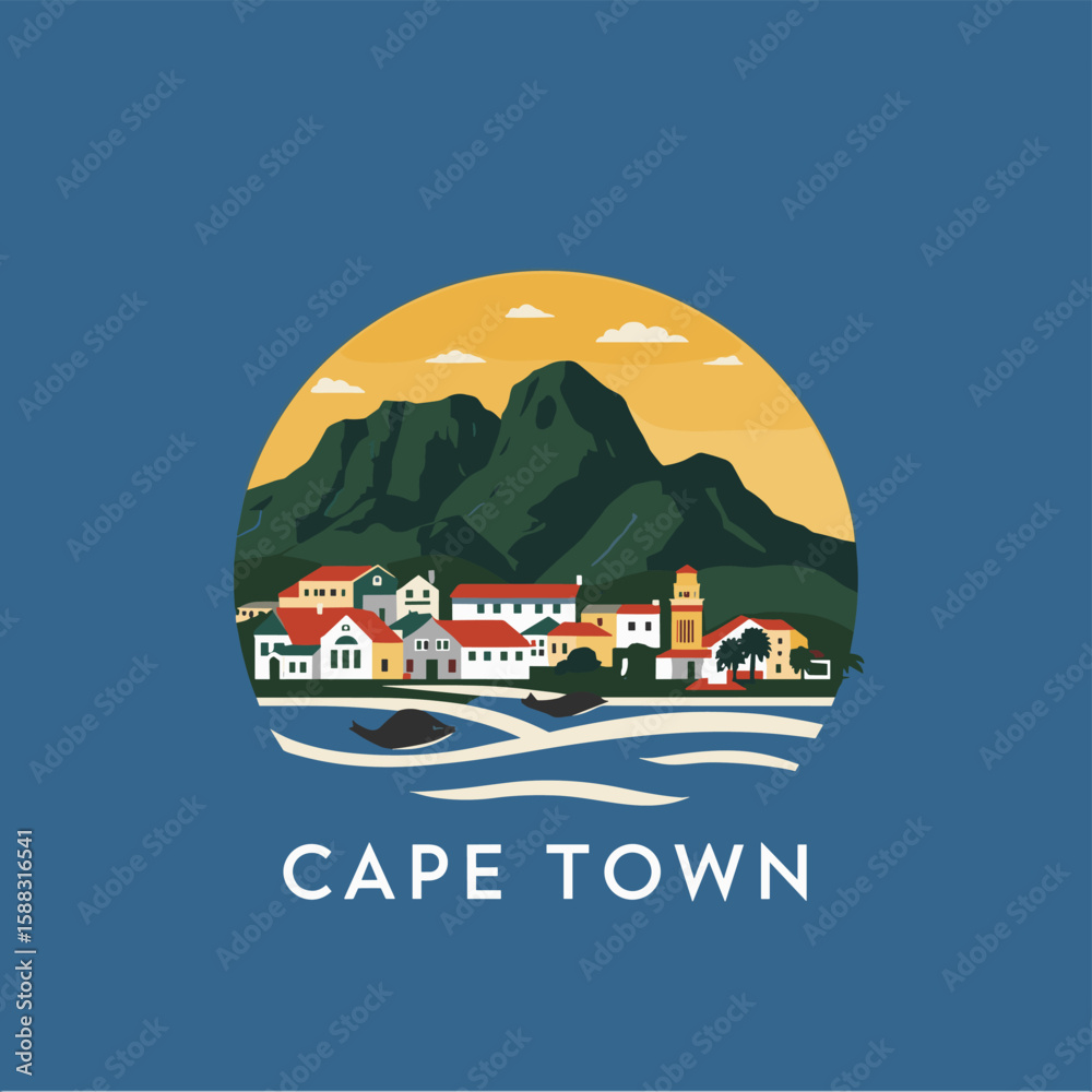 custom made wallpaper toronto digitalWarm vector skyline of Cape Town with ocean, colorful town, sunset and Table Mountain. South African coastal city in flat style.