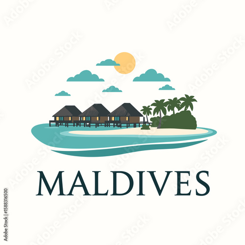 Vector illustration of Maldives with beachfront villas, palm trees, sea and cloudy sky. Tropical island resort in elegant flat style