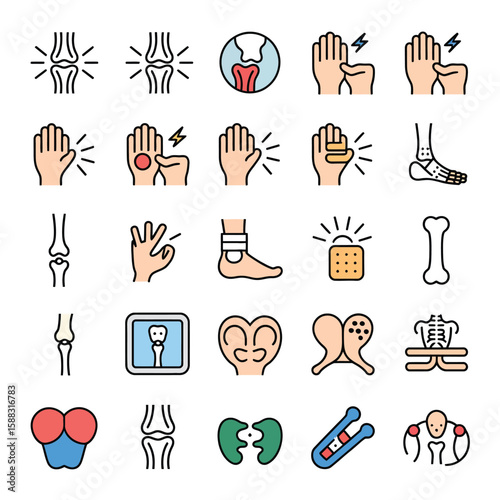 Colorful Vector Icons Set Illustrating Joint Pain Ankle Injury Bone Fracture Hand Pain X Ray Image Medical Treatment and More