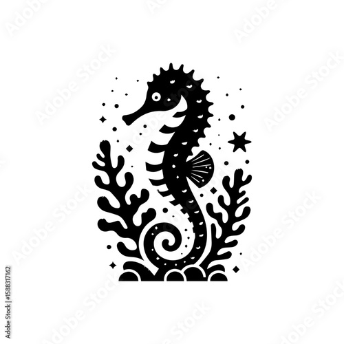 A seahorse with a glittery tail wrapped around coral 