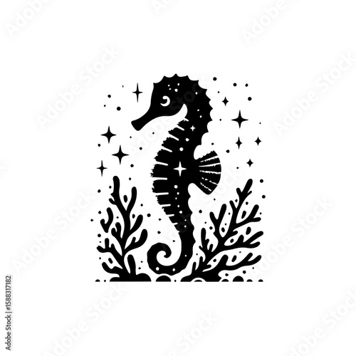 A seahorse with a glittery tail wrapped around coral 