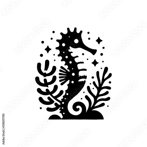 A seahorse with a glittery tail wrapped around coral 