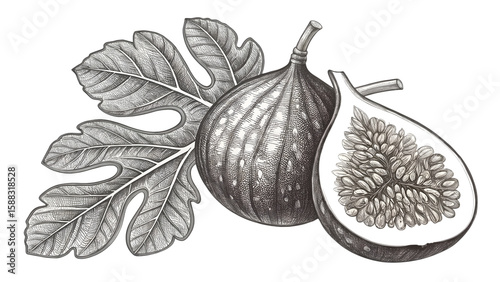 Detailed Black and White Fig with Leaf