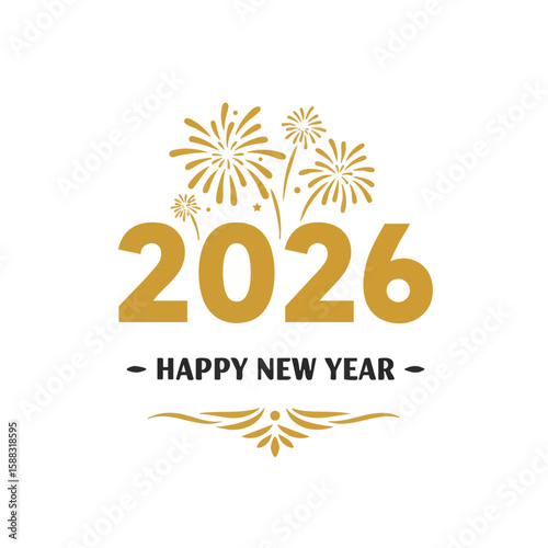 Happy New Year 2026 with Fireworks and Gold Numbers Flat Icon