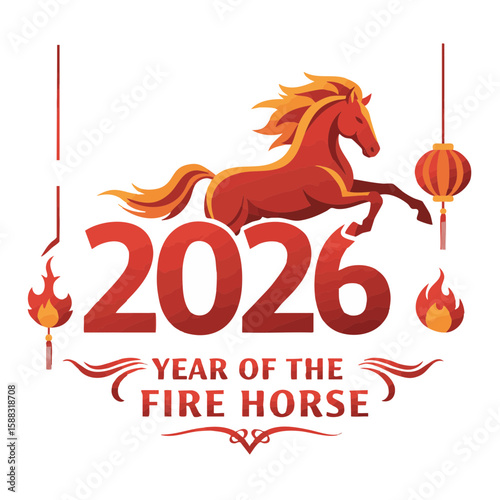Fire Horse with 2026 and ‘Year of the Fire Horse’ Flat Badge Icon
