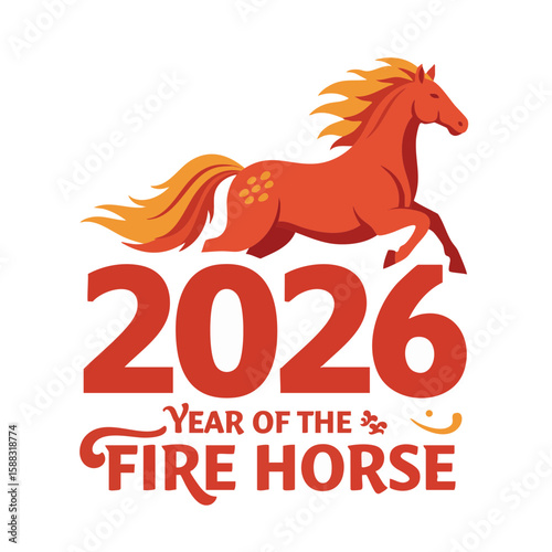 Fire Horse with 2026 and ‘Year of the Fire Horse’ Flat Badge Icon