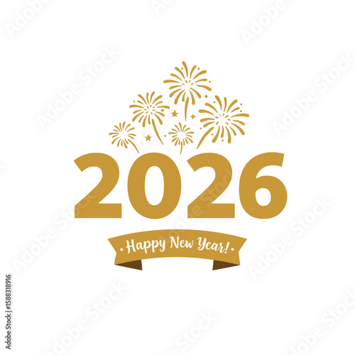 Happy New Year 2026 with Fireworks and Gold Numbers Flat Icon