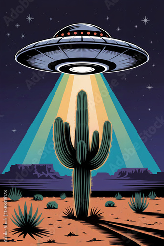 A vibrant travel decal illustration showcasing a
classic flying saucer hovering above the New Mexico desert.