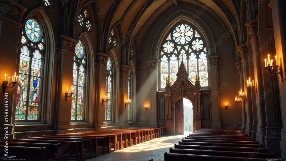 Fototapeta premium Spacious interior of a gothic church with stained glass windows.