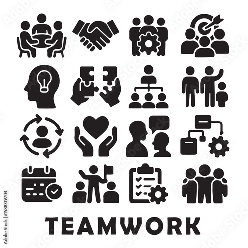 Teamwork synergy vector icon set in solid black silhouette style. Includes business collaboration, leadership, communication, organization structure, brainstorming, support, team building, and project
