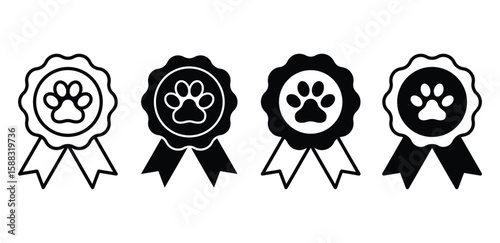 Pet Medal Icons with Paw Print and Ribbon Black and White Color Vector Design