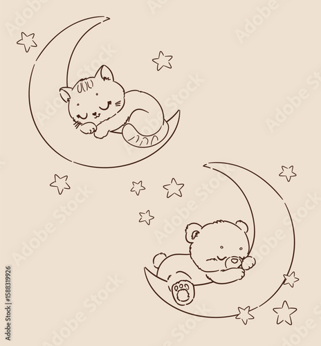  Teddy bear sleeping on crescent moon with stars. Cute baby nursery illustration vector hand drawn