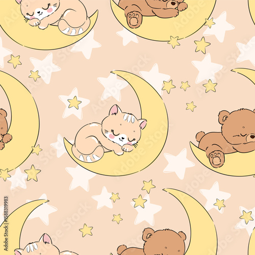  Seamless pattern with sleeping animals on moon. Cute bears and cats on pastel background vector hand drawn