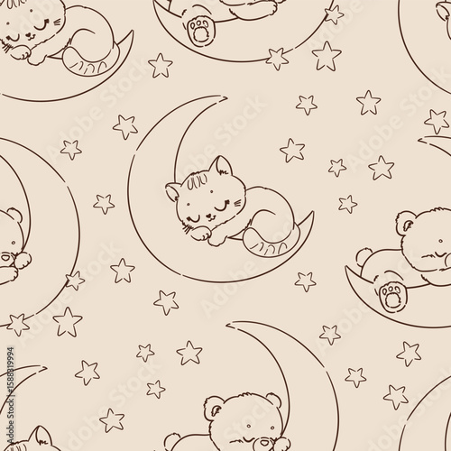  Seamless pattern with cute bear sleeping on moon and stars. Soft beige background vector hand drawn