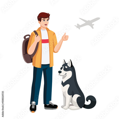 Young man with backpack with Alaskan Malamute dog showing thumbs up. Flat design, cartoon style. Vector illustration. Traveling with pets concept flyer, banner, promo, advertising, leaflet.