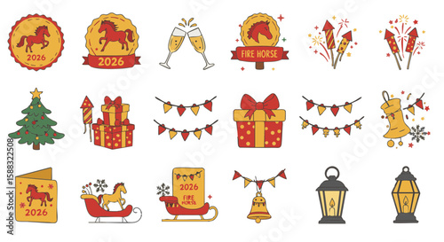 Set of 15 Flat Icons for 2026 Fire Horse Year with New Year Elements