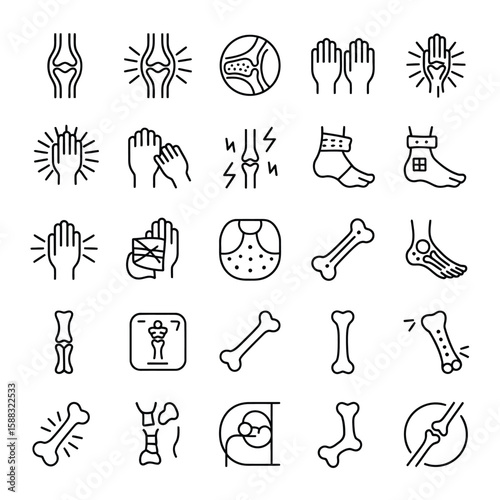Collection of Black and White Line Icons Depicting Various Bone Fractures Joint Pain and Injuries Including Hands Feet Knees and Ankles with X Ray and Bone Diagrams