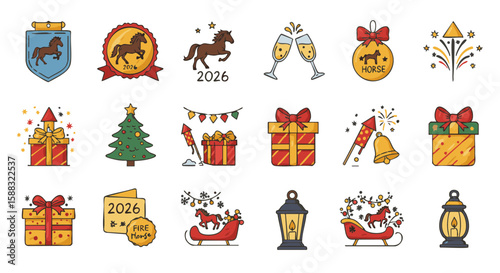 Set of 15 Flat Icons for 2026 Fire Horse Year with New Year Elements