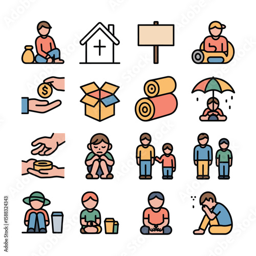 Colorful Vector Icons Depicting Homelessness Poverty Charity and Aid Diverse Children Adults Sitting Sad Holding Money Box Cardboard Shelter Umbrella Donations