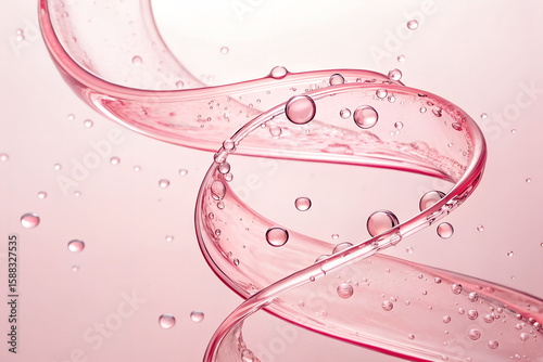 Abstract macro of a pink cosmetic serum or gel swirling in a helix shape. A concept for hydration, skincare, and beauty products with refreshing air bubbles generative ai