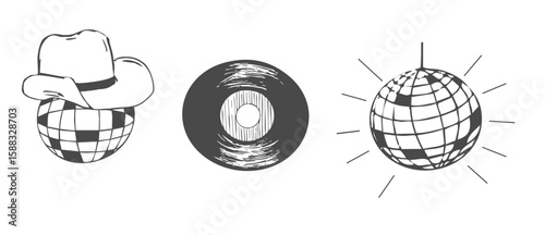 Disco ball y2k bachelorette party tattoo sketch. Disco ball with hat vinyl set. Doodle shiny nightlife music illustration. Groovy 2000 party