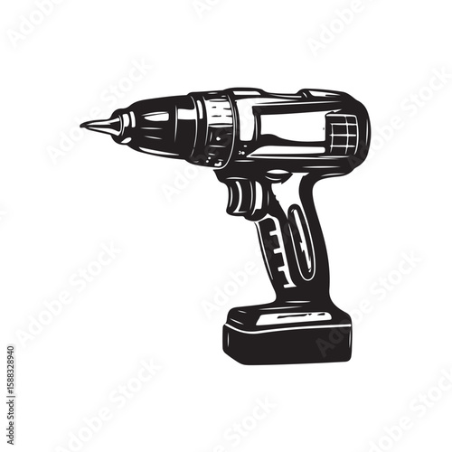 Drill silhouette, Drill silhouette vector illustration with white background, electric drill machine silhouette vector illustration, Electric drill in a minimalist style on a white background