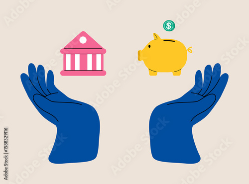 Hands choosing between bank and piggybank. Colorful vector illustration