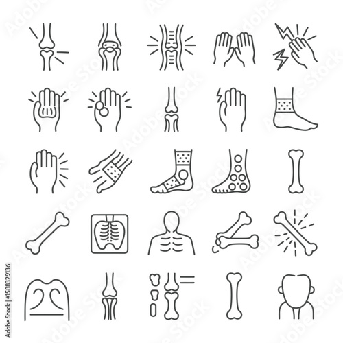 Collection of Black Line Icons Depicting Various Bone Joint and Hand Injuries Pain and X Ray Images Showing Fractures and Sprains