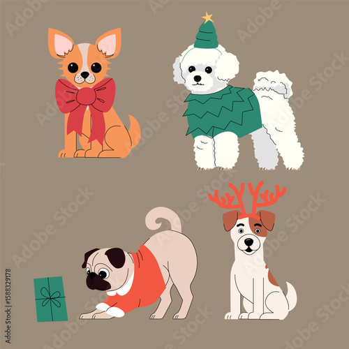 Adorable cartoon dogs in Christmas outfits including bows, sweaters, antlers, and tree costumes. Festive holiday pet illustration with playful and sitting dogs on beige background. Vector illustration