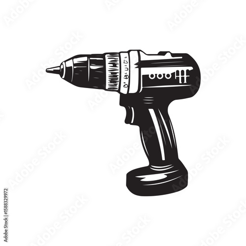 Drill silhouette, Drill silhouette vector illustration with white background, electric drill machine silhouette vector illustration, Electric drill in a minimalist style on a white background