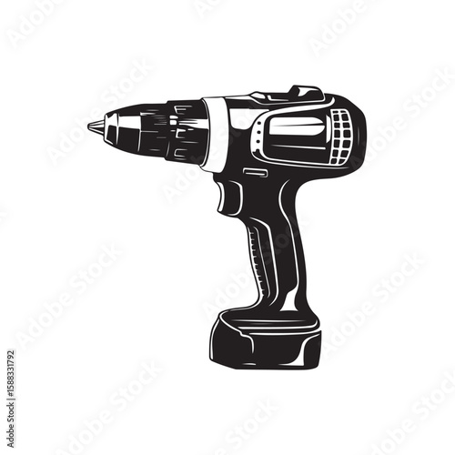 Drill silhouette, Drill silhouette vector illustration with white background, electric drill machine silhouette vector illustration, Electric drill in a minimalist style on a white background