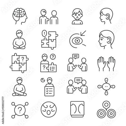 Collection of Black and White Line Icons Depicting Communication Collaboration Problem Solving Meditation and Sensory Perception