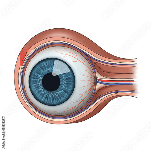 Human Eye Anatomy: A detailed anatomical illustration of the human eye, showcasing the intricate structures of the eye, iris, pupil and surrounding tissue