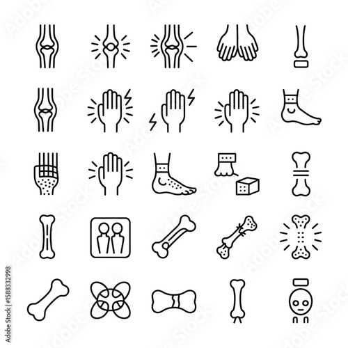 Collection of Black Line Icons Depicting Bones Joints and Injuries Including Knee Joint Pain Hand Pain Foot Injuries Broken Bones X Ray and Bone Fractures
