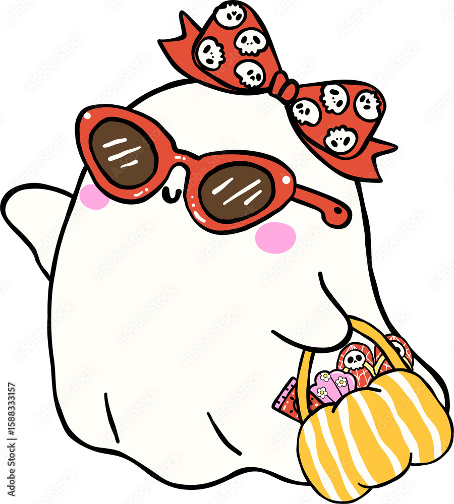 Naklejka premium Cute Spooky Summerween ghost sassy girl Halloween Summer cartoon hand drawn doodle