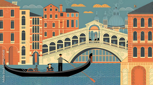 Venice Canal Scene Illustration, Warm Tones, with Gondola and Rialto Bridge, daytime