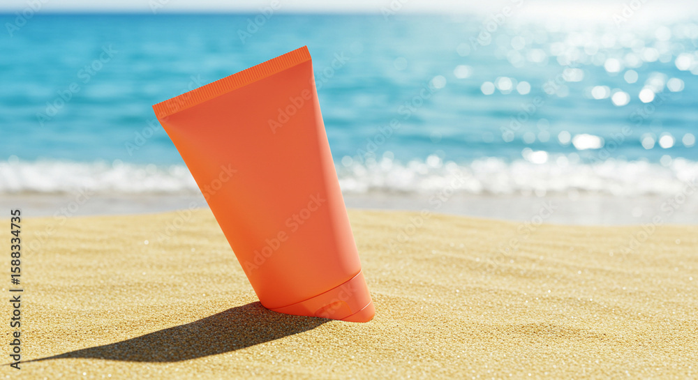 Orange sunscreen tube rests on sunny beach sand, ocean waves in background. Orange sunscreen tube rests on sunny beach sand, ocean waves in background.