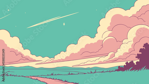 Photo of a scenic landscape with fluffy clouds and a winding path under a colorful sky