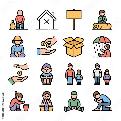 Colorful Vector Icons Depicting Poverty Homelessness Charity and Donation Diverse People Seeking Help Sad Children Family Under Umbrella Empty Box Coins in Hands
