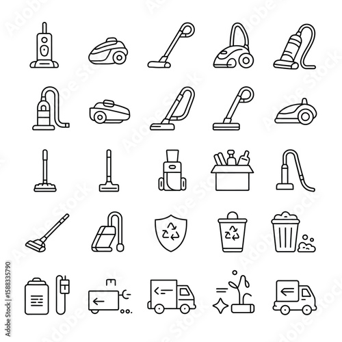 Collection of thirty black line art icons depicting various cleaning tools and supplies including upright vacuum cleaners canister vacuums handheld vacuums mop dustpan cleaning