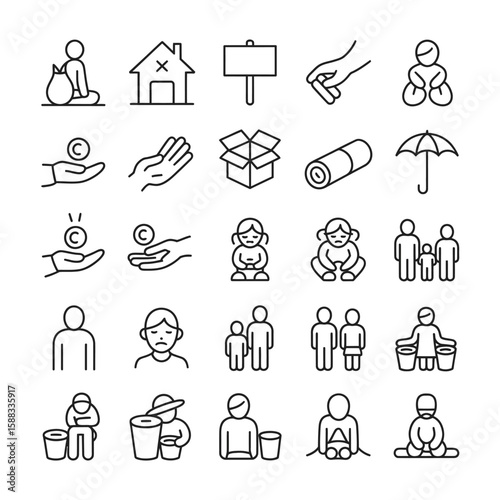 Collection of Black and White Line Art Icons Depicting Poverty Homelessness Charity Donation and Family Concepts Including Figures of People Children Hands Coins Boxes